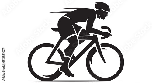 Professional cyclist riding a bicycle in a racing position, silhouette illustration for sports and fitness concepts.