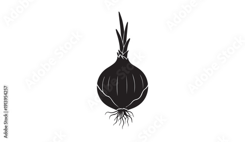 Black Onion Silhouette with Roots and Green Shoots on White Background