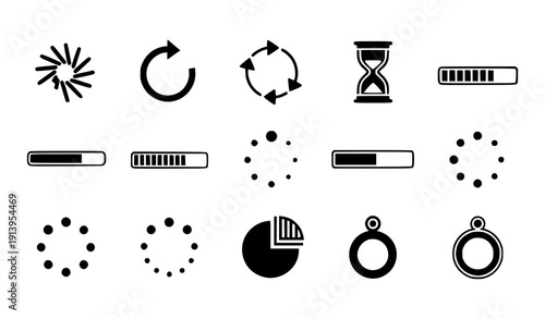 Loading glyph icon set vector progress and spinner symbols isolated on transparent background