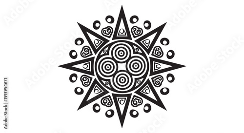 Black and white mandala design with geometric shapes and patterns on a Transparent Background, abstract star symbol.