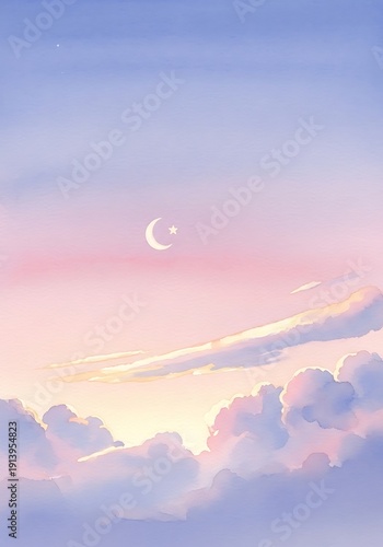 Watercolor sky painting with clouds and crescent moon in soft pastel colors