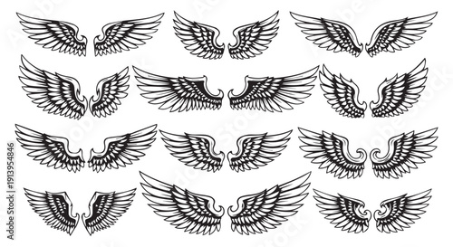 Collection of various black and white wing illustrations, angel wings, feathered designs, tattoo art, and graphic elements.