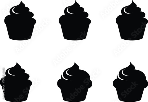 Black cupcake silhouette icon set featuring six frosting variations isolated on white background for bakery dessert branding design