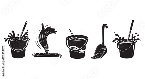 Black and white clipart set of cleaning supplies including buckets and mops on Transparent Background for household chores.