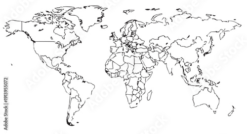 Black and white illustration of a world map with country borders