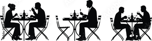 People dining at outdoor cafe tables silhouettes with wine glasses and bistro chairs cad drawing flat vector illustration for restaurant design