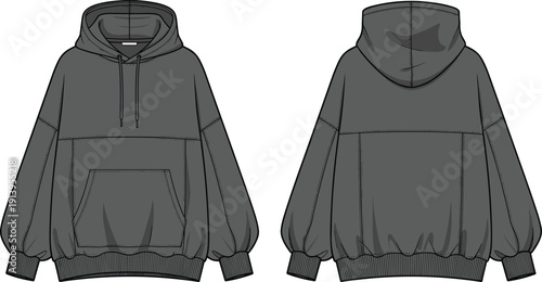 Women oversized charcoal grey hoodie with dropped shoulder kangaroo pocket and ribbed cuffs technical flat sketch cad drawing flat vector illustration