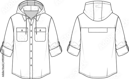 Long sleeve hooded utility button up shirt with chest pockets and roll up sleeves technical flat sketch cad drawing flat vector illustration
