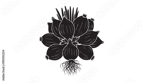 Black and white illustration of shallots cluster with roots and green sprouts, isolated on white background