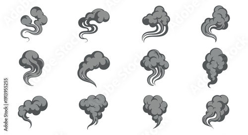 Collection of various gray smoke clouds on Transparent Background, vector illustration set.