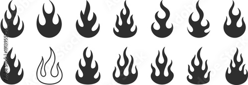 Black flame icon set with modern fire silhouettes isolated on white background for heat, energy, warning, branding, and graphic design