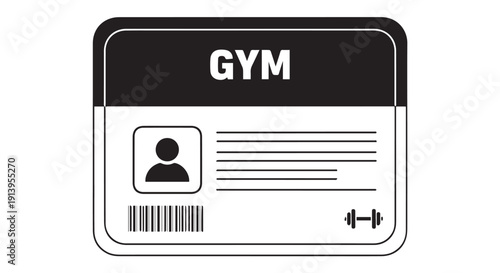 A black and white illustration of a gym membership card with a barcode and dumbbell icon