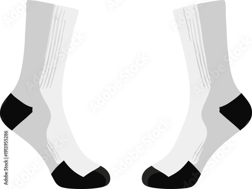 Pair of athletic crew socks with reinforced heel and toe details technical flat sketch cad drawing flat vector illustration template
