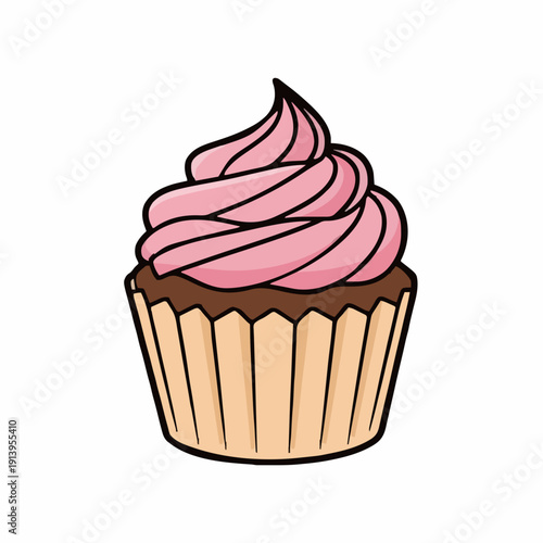A Delicious Pink Frosted Cupcake With Chocolate Cake And A Fluted Paper Liner On A White Background