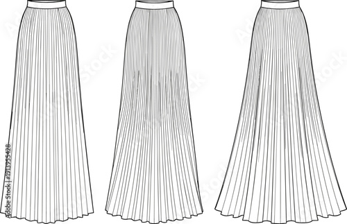 Women high waisted long pleated maxi skirt set in three variations technical flat sketch cad drawing flat vector illustration template
