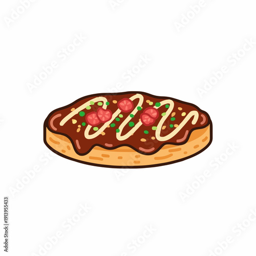 Pixel Art Okonomiyaki Food Illustration Simple Delicious Japanese Savory Pancake Topping Sauces and Vegetables Close Up Isolated White Background