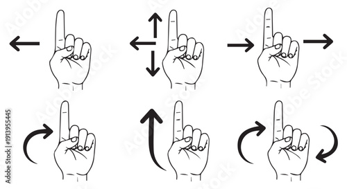 A set of six hand icons with arrows indicating directions for navigation and interaction.