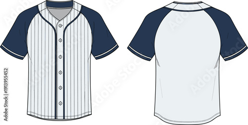 Short sleeve pinstripe baseball jersey with raglan sleeves and button front closure technical flat sketch cad drawing flat vector illustration
