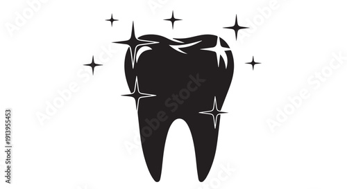 A black silhouette of a tooth with sparkles, symbolizing dental health and hygiene.