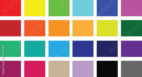 A vibrant collection of twenty four solid color squares arranged in a grid pattern showcasing a wide spectrum high-quality professional