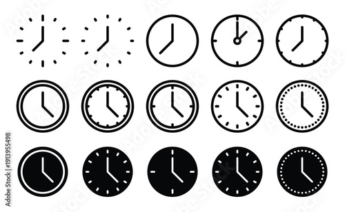 Clock icon set, clock vector symbols in black filled and outlined style