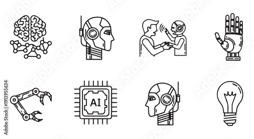 Black line icons illustrating AI concepts including brain, robotic head, human interaction, and innovation symbols.