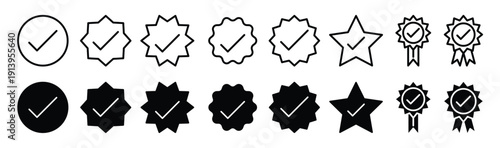 Verified checkmark icon set, verified checkmark vector symbols in black filled and outlined style