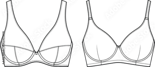 Lingerie bra technical flat sketch, underwire brassiere CAD drawing, women underwear fashion vector illustration for tech pack, intimate apparel garment template