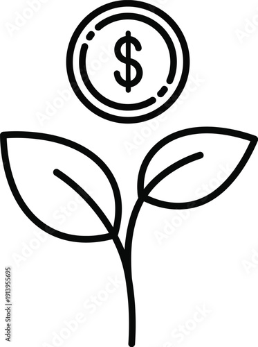 Icon representing financial growth with a small plant sprout and a dollar coin above it