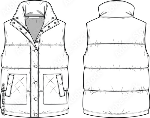 Puffer vest technical flat sketch, sleeveless quilted puffer jacket CAD drawing, unisex winter outerwear fashion vector illustration for tech pack