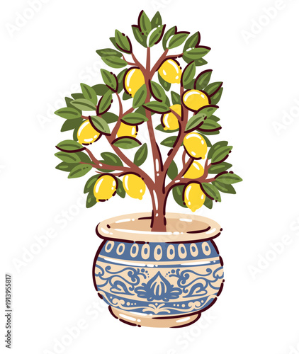 Italian lemon tree in ceramic pot. Ripe yellow lemons on branches, green leaves, decorative planter, Mediterranean garden scene, hand drawn style. Lemon decor icon, cartoon vector illustration.