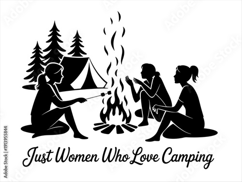 Three women camping, roasting marshmallows by fire with tent and pine trees in background.