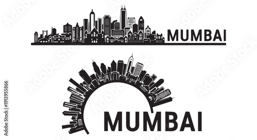 Black and white Mumbai city skylines with text, urban landscape graphics
