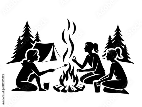 Three campers around fire, cups beside them, marshmallows roasting under pine trees and tent.