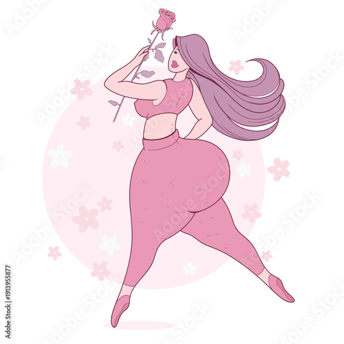 A beautiful plump woman dancing with a rose. Vector illustration.

