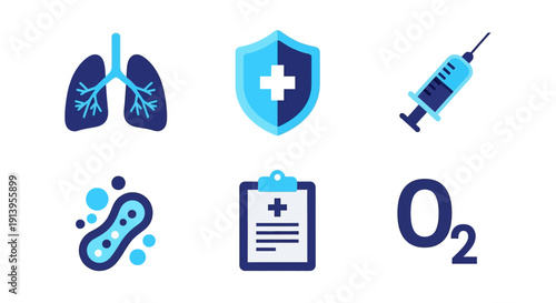 Set of medical icons representing healthcare, respiration, protection, infection, treatment, and oxygen