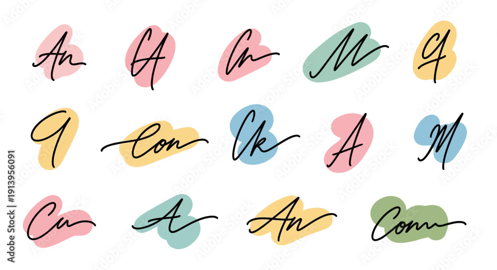 Fototapeta premium Artistic handwritten logotypes and stylized text designs with vibrant abstract brushstrokes. Ideal for modern branding, unique logos, and graphic projects