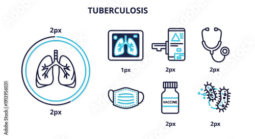 Comprehensive Set of Tuberculosis Medical Icons Depicting Symptoms, Diagnosis, Prevention, and Treatment Solutions for Respiratory Health Awareness