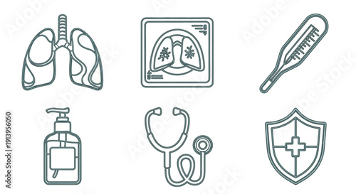 Vector outline icons illustrating essential health, medical care, and hygiene elements for wellness, diagnosis, and illness prevention