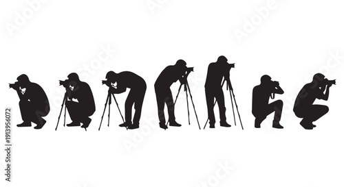 Silhouettes of photographers in various poses with cameras and tripods on Transparent Background, capturing moments.