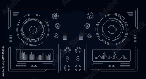 Abstract digital user interface with futuristic HUD elements displaying data graphs and interactive control panels for technology concepts