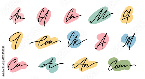 Artistic handwritten logotypes and stylized text designs with vibrant abstract brushstrokes. Ideal for modern branding, unique logos, and graphic projects