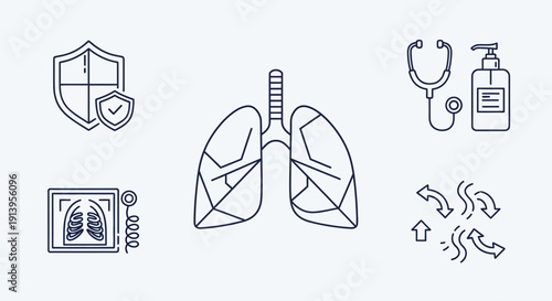 Essential medical line icons for respiratory health, lung care, diagnostic imaging, and protective hygiene, symbolizing wellness and preventative healthcare measures