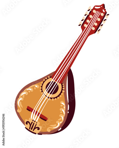 Italian mandolin string instrument. Traditional wooden lute with strings, sound hole, classic folk music symbol, vintage design, hand drawn style. Music travel icon, cartoon vector illustration.