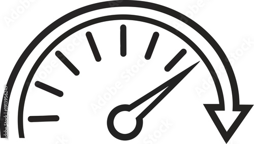 Speedometer icon representing high speed, performance, and efficiency on a white background.