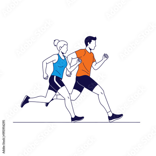 Couple Running Together, Healthy Lifestyle, Fitness and Sport Vector Illustration