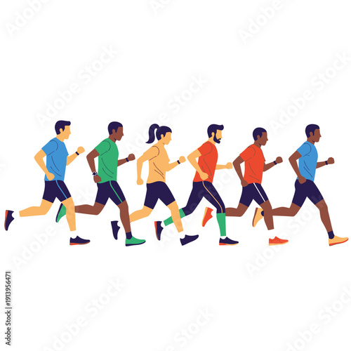 Diverse group of people running together in a stylized illustration