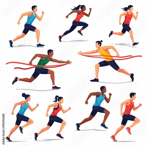 Diverse runners crossing finish line, athletic competition, sport concept