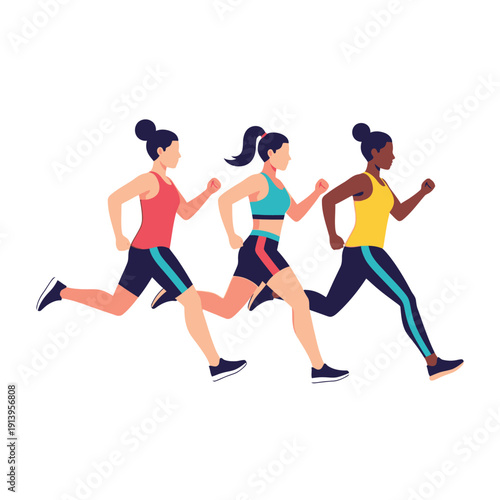 Diverse Women Running Together, Fitness and Sport Concept, Flat Vector Illustration