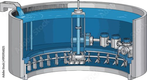 Industrial machinery illustration showing a cutaway view of a large metal tank with blue liquid and various mechanical components